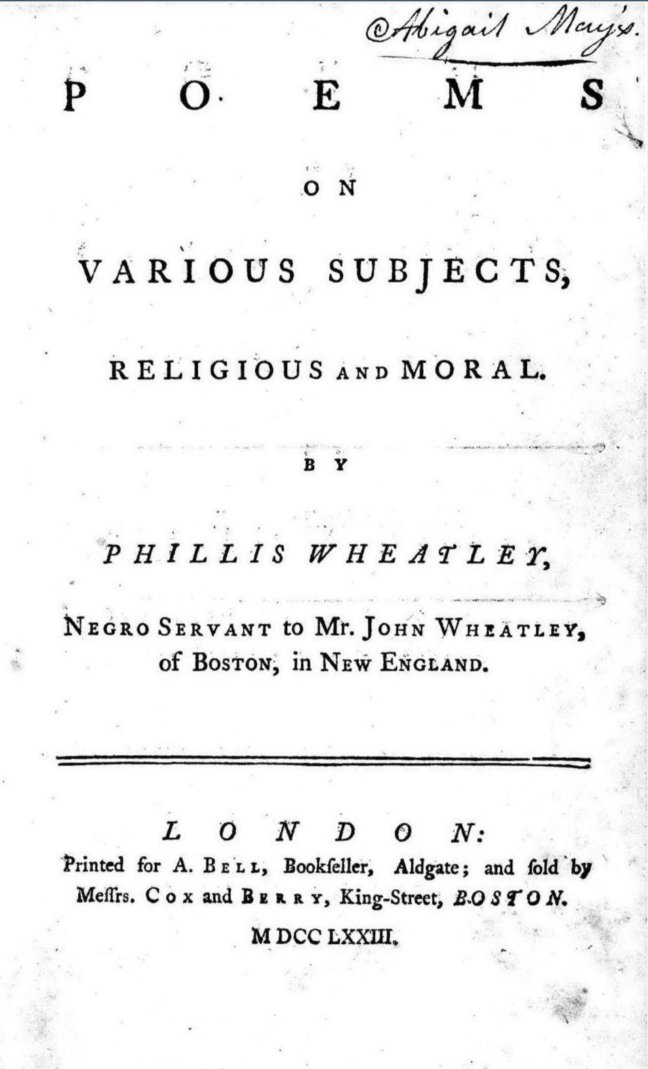 The Transatlantic Publication of Phillis Wheatley's 'Poems on Various ...